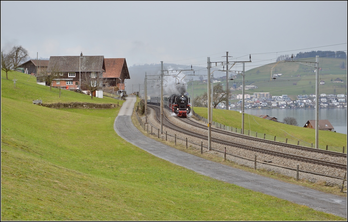 01 202 und 01 1066 mit ihrem Sonderzug M�nchen/Lyss-Locarno bei Immensee. M�rz 2015.