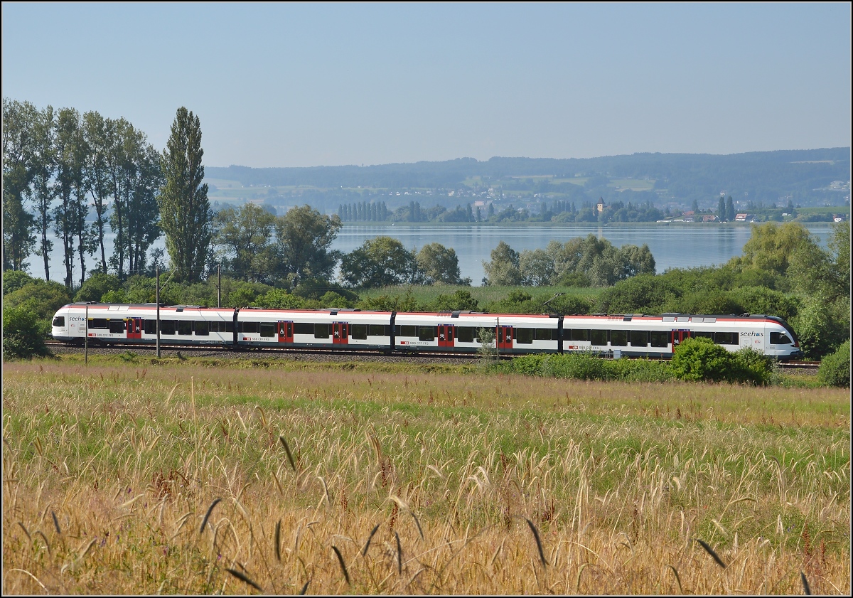 10 Jahre Seehas mit der SBB.

Ein Sommerbild mit Seehas. Im Hintergrund ist der Turm von St. Georg auf der Reichenau zu sehen, Teil des UNESCO-Weltkulturerbes. Allensbach, Juli 2015.
