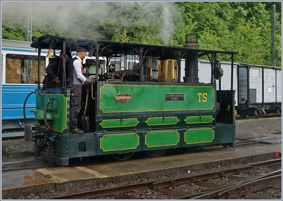 50 Jahre Blonay - Chamby; Mega Steam Festival: - Als eine der Gastdampflok ist die TS 60 (1898) zur Feier angereist; hier als Detailbild in Chaulin.

Die 030T, no 60,  La Ferté-Bernard , gebaut von Blanc Misseron (1898), der  Tramways de la Sarthe  wird vom MTVS gepflegt und unterhalten. 
Es ist eine Dampf-Lokomotive mit zwei Führerständen vom Type 7, früher im Einsatz bei den Métallurgique Werken in Tubize, restautiert von der ASVI. 

19. Mai 2018