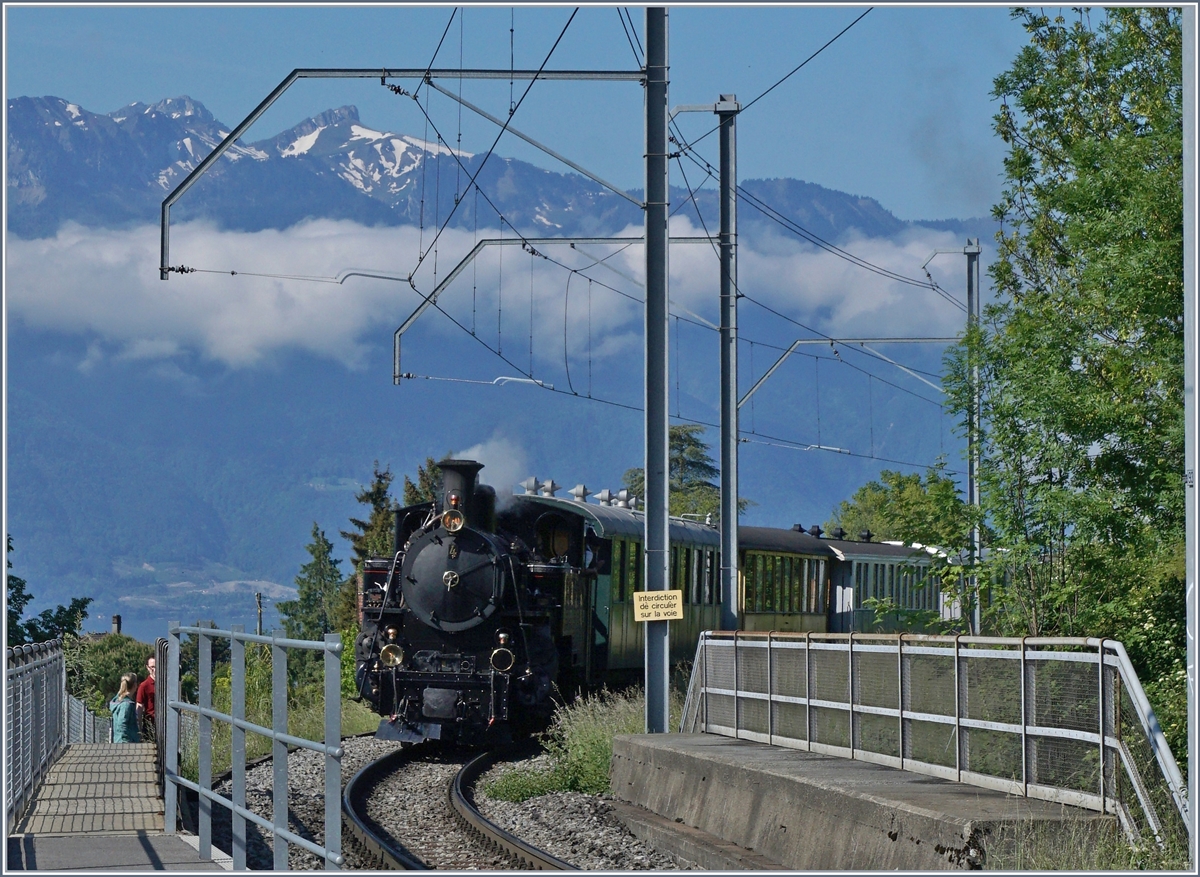 50 Jahre Blonay-Chamby: die DFB HG 3/4 N° 4 Gastlok auf dem Weg nach Vevey kurz nach der Haltestelle Château d'Hauteville. 

20. Mai 2018