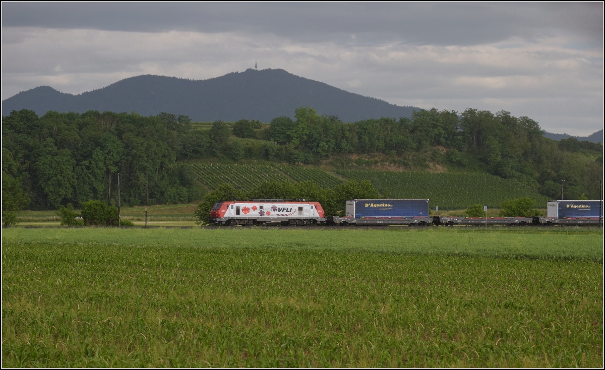 Auf der badischen Hauptbahn im südlichen Teil ist CC 37013 von VFLI Akiem sicherlich eine Überraschung, hier noch mitten im starken Regen, während von hinten die Sonne schon durchschimmert. Buggingen, Juni 2022.