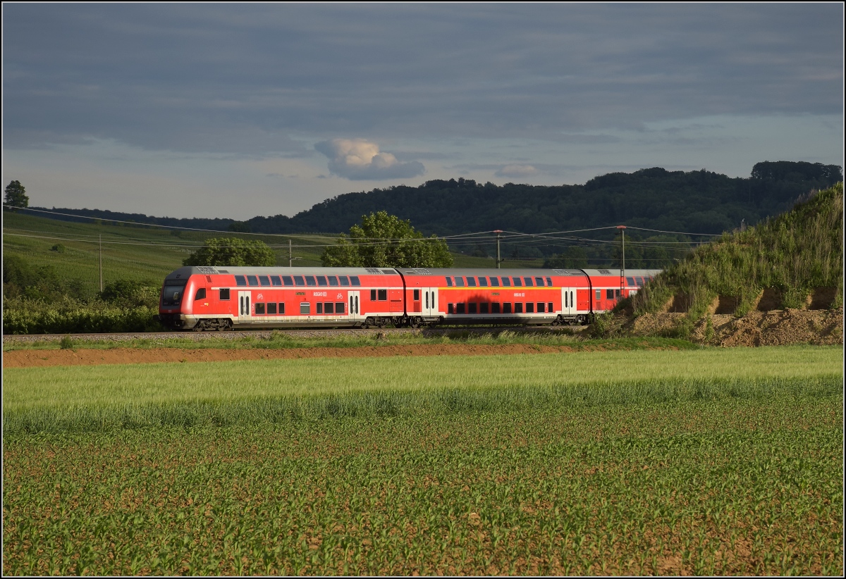 Auslaufmodell am Oberrhein. 146 218 mit Dostozug und Eigenwerbung nach Basel. Auggen, Mai 2020.