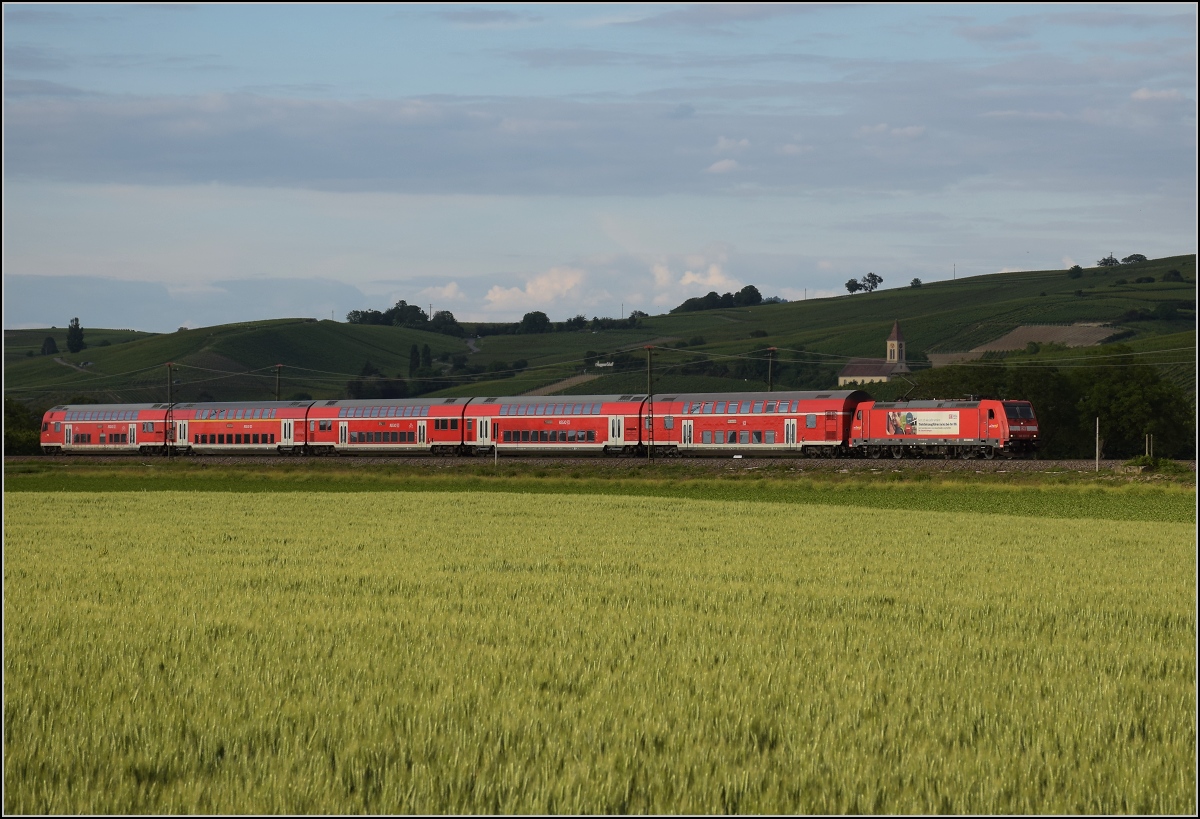 Auslaufmodell am Oberrhein. 146 218 mit Dostozug und Eigenwerbung nach Basel. Auggen, Mai 2020.