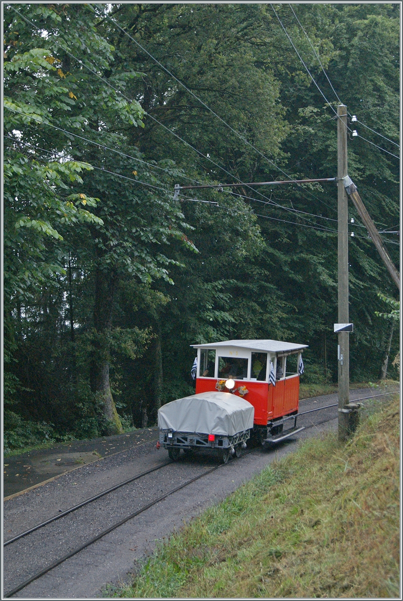 Autour de la voie ferrée / Rund um die eiserne Bahn (Herbstevent 2024) - die Dm 2/2 N° 3 hat mit ihrem Beiwagen Chantemerle verlassen und dieselt nun Blonay entgegen. 

8. Sept. 2024