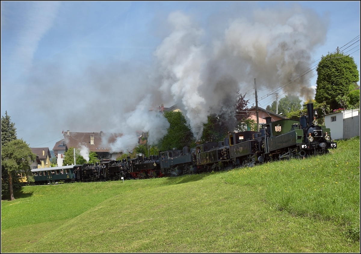 Blonay-Chamby Mega Steam Festival zum 50. Jubiläum der Museumsbahn. Septuple Traction oder auf deutsch 7-fach Traktion und für die Fachleute 6-fach-Vorspann, wann gibt es schon mal so etwas zu sehen. Zischen, Dampfen, Pfeifen, Klackern und rumpeln zu Siebt, wann gibt es so etwas schon mal zu sehen. Blonay, Mai 2018.

1. Lok: G 3/3 5, 1890 LEB
2. Lok: G 3/3 909 / 6, 1901 JS / BAM
3. Lok: G 3/4 208, 1913 CFF
4. Lok: G 2x 2/2 E164, 1905 CP
5. Lok: G 2x 2/2 105, 1918 SEG
6. Lok: HG 3/4 4, 1913 FO
7. Lok: HG 3/4 3, 1913 BFD