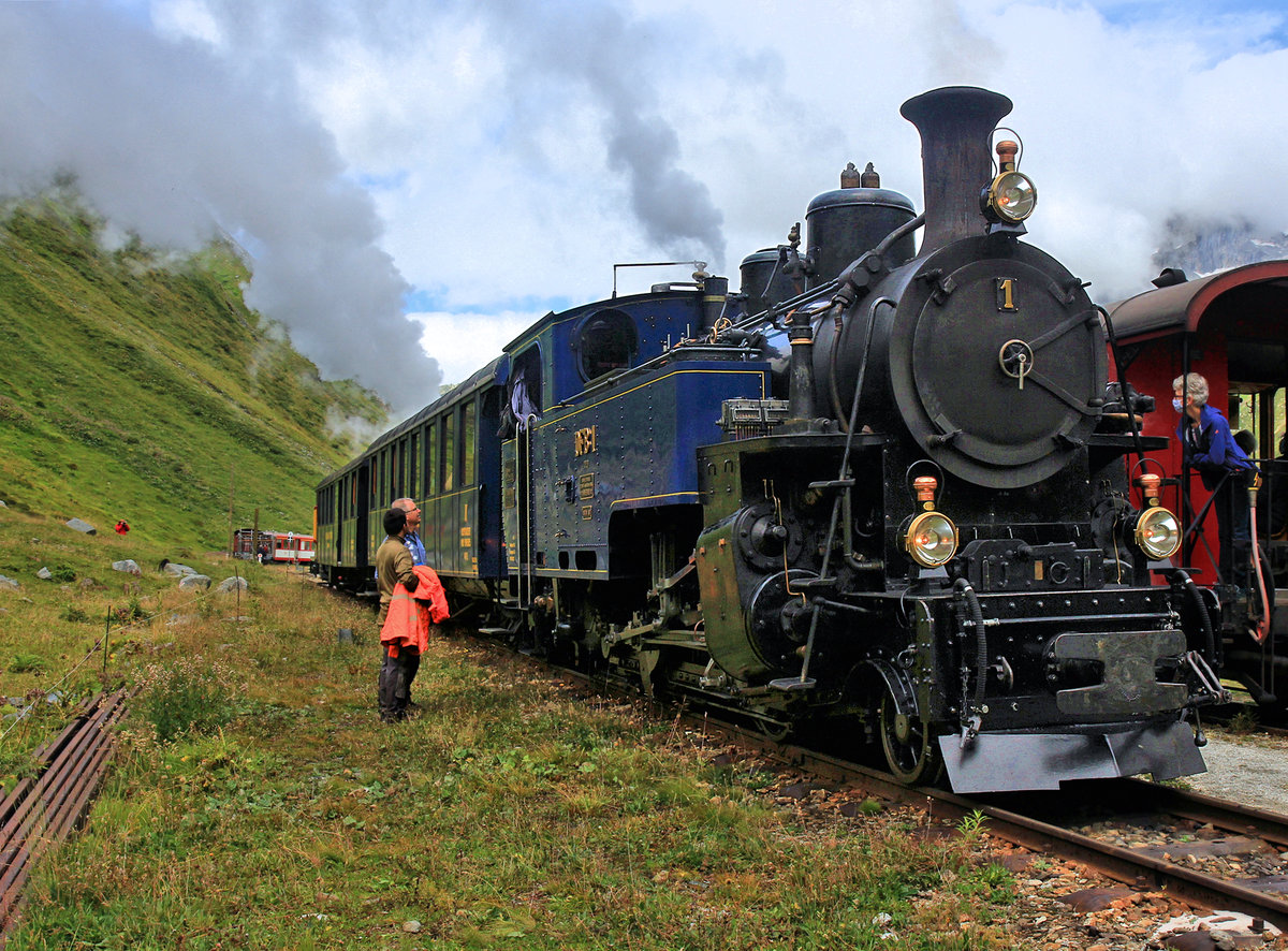 Dampfbahn Furka Bergstrecke: Die HG 3/4 1 in Muttbach-Belvédère, 23. August 2020 