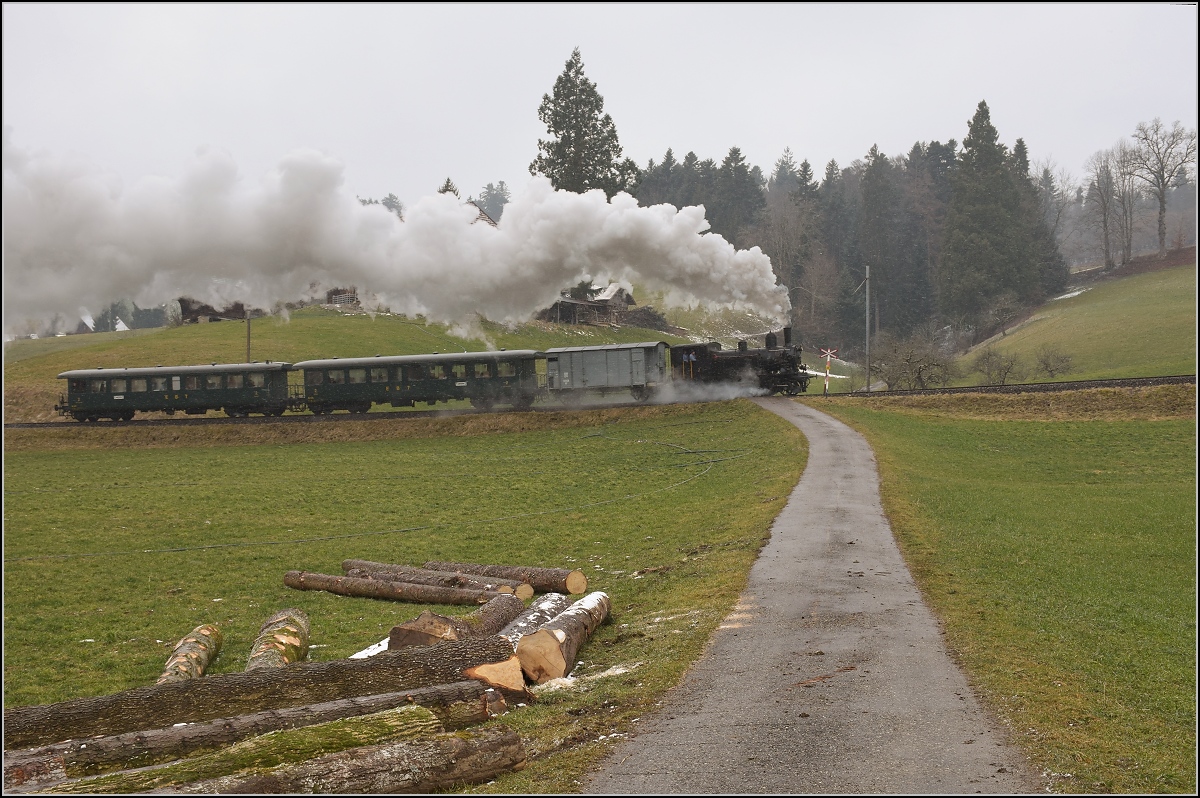 Dampflok Ed 3/4 Nr. 2 der Solothurn-Münster-Bahn bei Gammenthal. Betreut wird die Lok durch den Verein historische Emmentalbahn. Mit im Gepäck hat sie zwei vierachsige Leichtstahlplattformwagen und einen K2. Februar 2018.