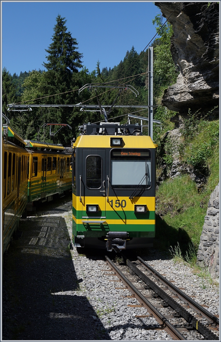 Das Trasse der WAB ist eng an die steile, felsige Landschaft geschmiegt und doch bleibt etwas oberhalb von Lauterbrunnen Platz f�r eine Kreuzungsstation, welche hier von einem Berg- und einem Talw�rts fahrenden WAB Zug genutzt wird. 
8. August 2016
