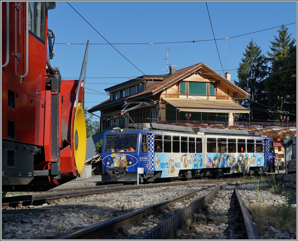 Der Beh 4/8 302 auf der Fahrt von Caux nach Montreux beim Halt in Glion.
3. Juli 2016