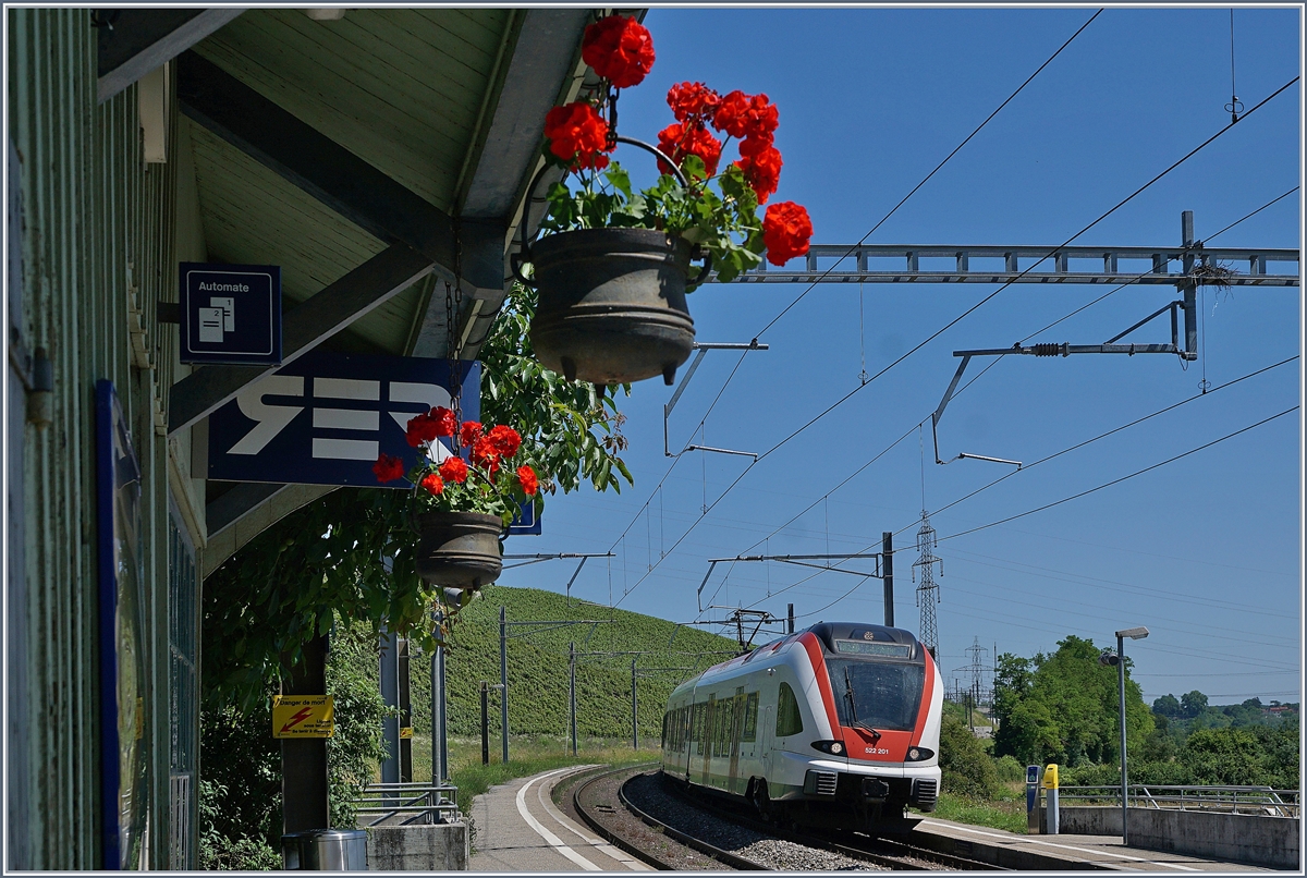 Der SBB RABe 522 201 erreicht von Genève kommend den Blumen geschmückten Halt Russin. 
19. Juni 2018