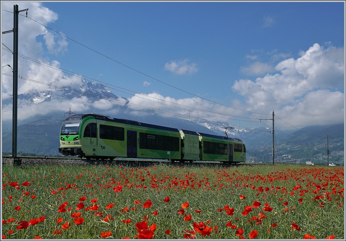 Der TPC Beh 2/6 545 auf dem Weg nach Aigle kurz vor Vully. Da ich das Mohnblumenfeld mit ins Bild integrieren wollte, kam ich nicht umhin, den Zug mit Seitenschatten zu fotografieren. 
24. Mai 2018
 