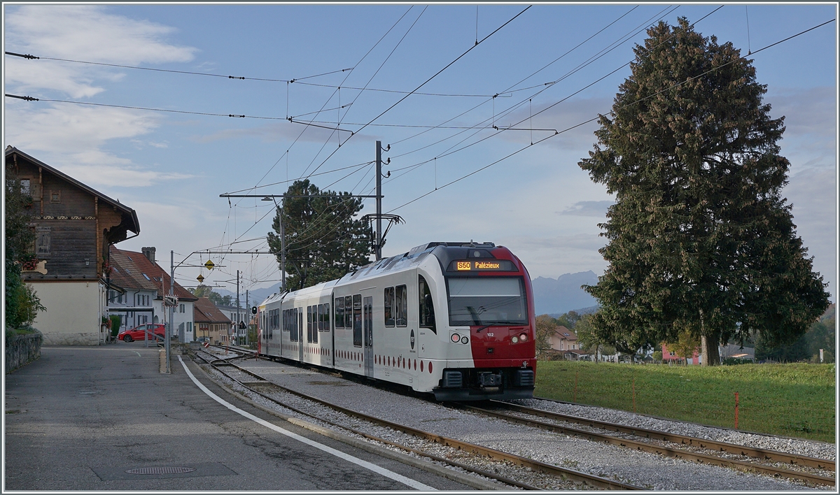 Der TPF SURF ABe 2/4 | B | Be 2/4 102  SudExpress  als S 50 von Bulle nach Palézieux unterwegs, beim Halt in Semsales. 

22. Okt. 2020