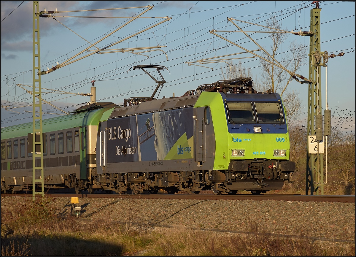 Der Traxx 1 Re 485 009 der BLS mit einer RoLa nach Süden. Schliengen, Dezember 2017.