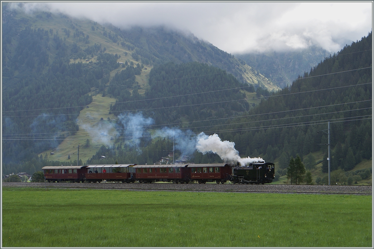 Die Blonay-Chamby HG 3/4 N° 3 im Goms mit ihrem Dampfzug Oberwald - Reckingen.

16. August 2014