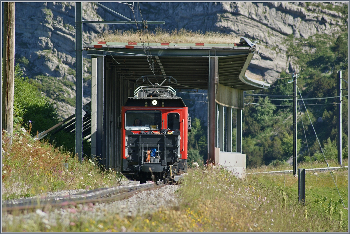 Die Rochers de Naye Hem 2/2 12 schiebt kurz nach Jaman einen  Gepäckwagen  Richtung Rochers de Naye. 
1. Juli 2018