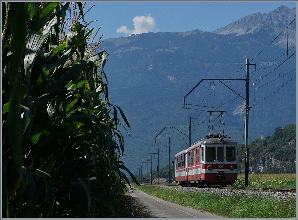 Dies ist kein Archiv-Bild, denn zu meiner grossen Überraschung pendelt der von vielen Bahnfreunden am 19. Juni dieses Jahres verabschiedetet Be 4/4 101 mit seinem Bt 132 ende August munter zwischen Aigle und Monthey hin und her, und dies auch in Umläufen von und nach Champéry. Hier hat der ex Birsigtaler als Regionalzug 138 Aigle - Monthey den Halt Villy verlassen.
26. August 2016