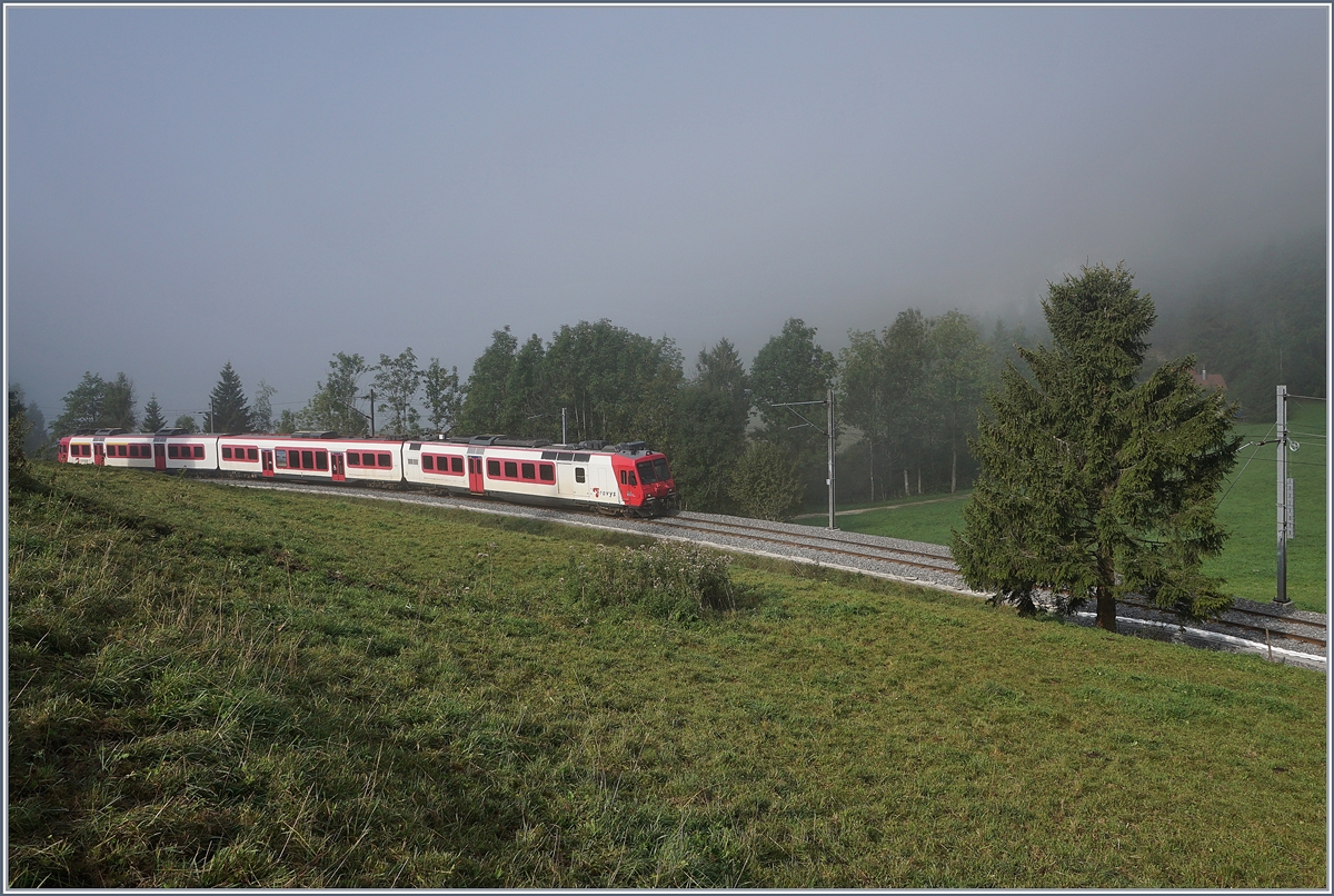 Ein TRAVYS RBDe 560  Domino  kurz nach Le Pont auf der Fahrt in Richtung Vallorbe. 

28. Aug. 2018