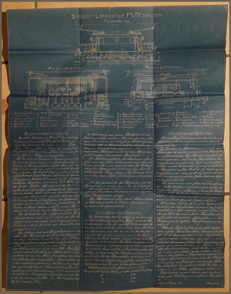 Eine Blaupause mit eingehendem Text zur SBB Drehstromlok F 4/4 366 und 367 f�r die Simplonstrecke.

 