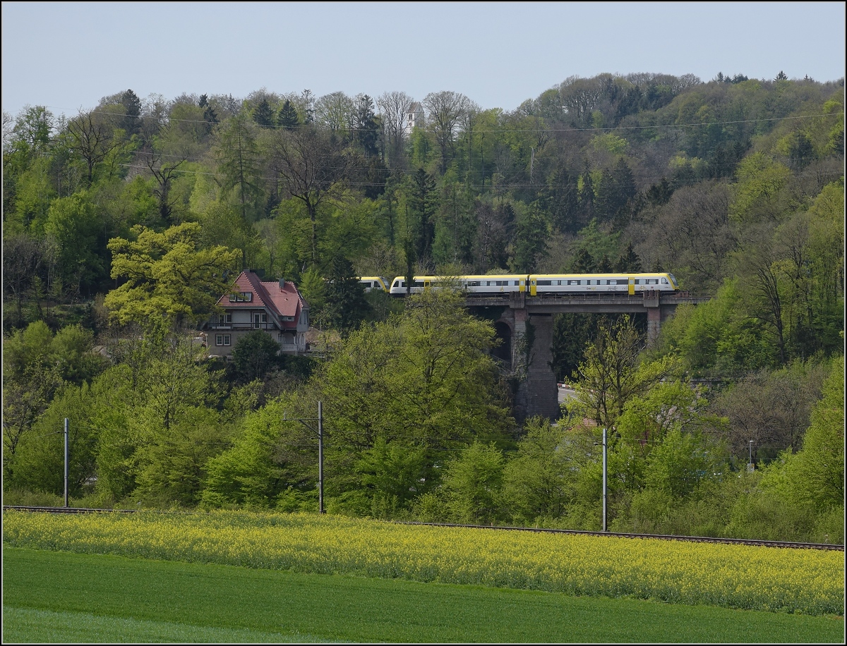 Eine Doppeltraktion 612 auf der M�hlbachbr�cke bei Albert. Betrachtet aus der Schweiz. April 2019.