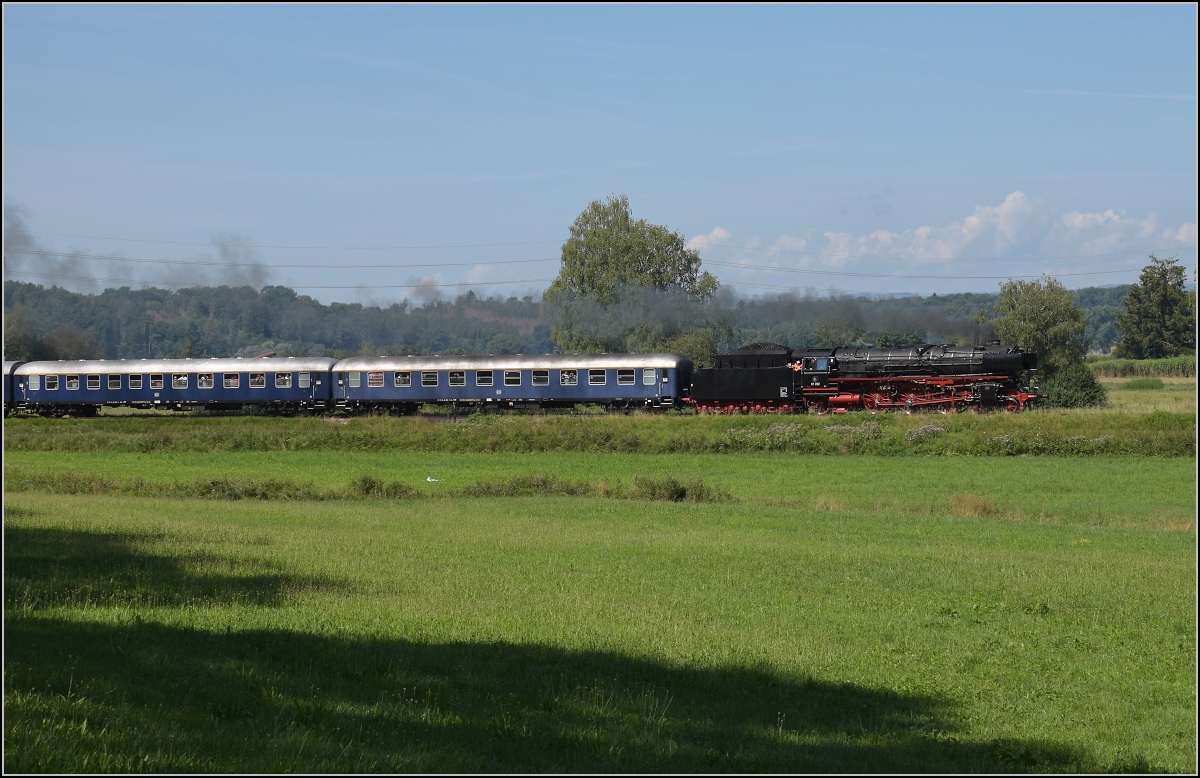 Endlich wieder Züge auf dem Schweizerbähnle (Etzwilen-Singen). 

01 202 mit dem Eröffnungszug zwischen Ramsen und Rielasingen, August 2020.