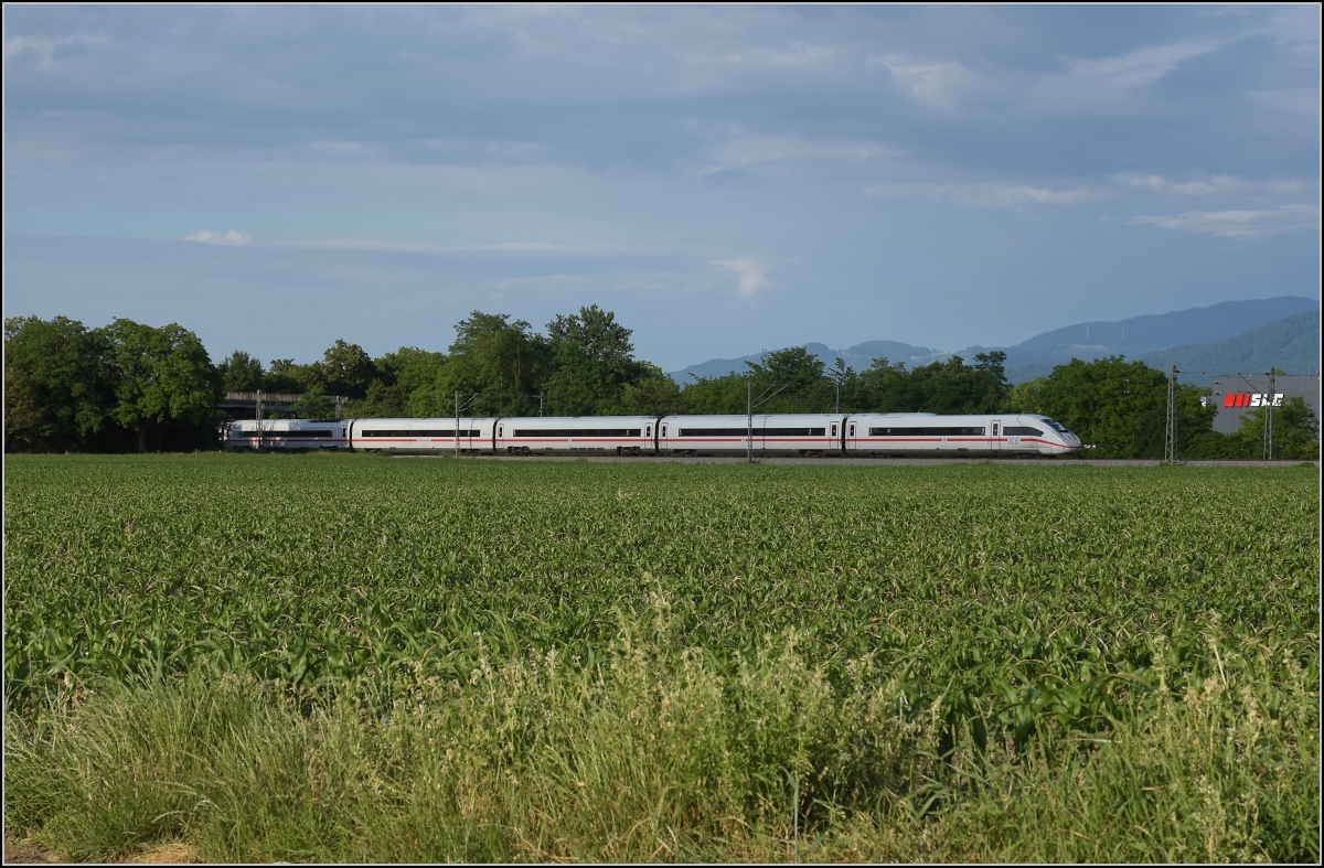 Fotografieren unter Aufsicht. Hier ist ein unsichtbarer Spion im Bild versteckt. 412 063 auf seinem Weg nach Basel. Buggingen, Juni 2022.