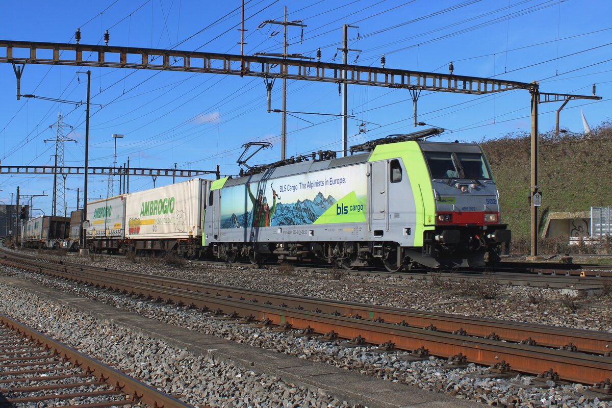 In Pratteln wurde am 13 Februar 2024 BLS 486 502 samt KLV fotografiert.