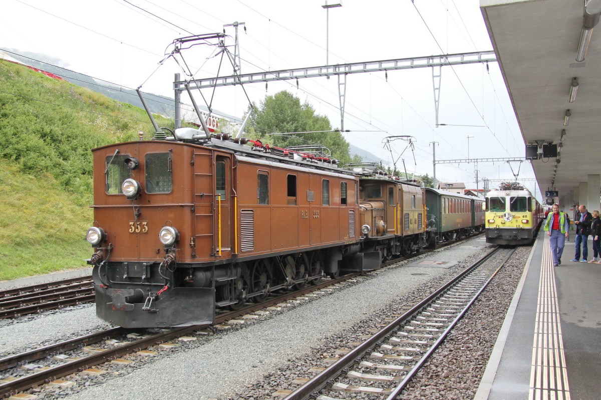 Jubil�um,125 Jahre RhB.Museumslok Ge4/6 Nr.353(SLM/MFO 1914)und Ge6/6 I Nr.415(Krokodil 1929)mit einem Nostalgiezug in Scoul-Tarasp.24.07.14  