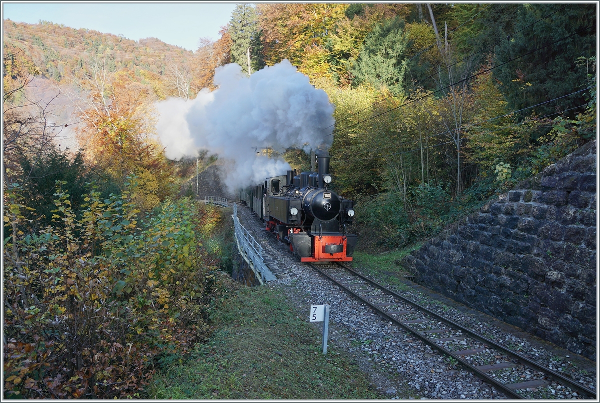 La DER 2021 (Saison Abschluss 2021) Kurz nach Vers-Chez-Robert nimmt die Blonay Chamby G 2x 2/2 105 die kräftige Steigung Richtung Chamby in Angriff. 

30. Okt. 2021
