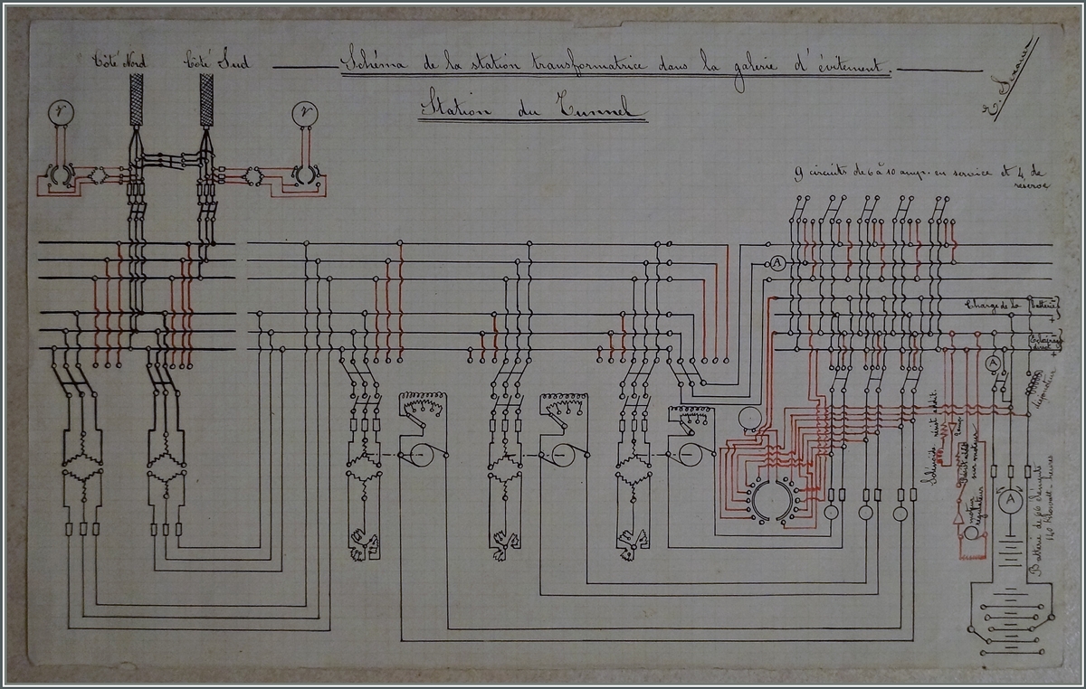Mitten im Simplontunnel befindet sich eine Dienst- und Spurwechselstation, die lange Zeit besetzt war. Diese fotografierte Dokument zeigt das Schaltschema der erwähnten Station.
