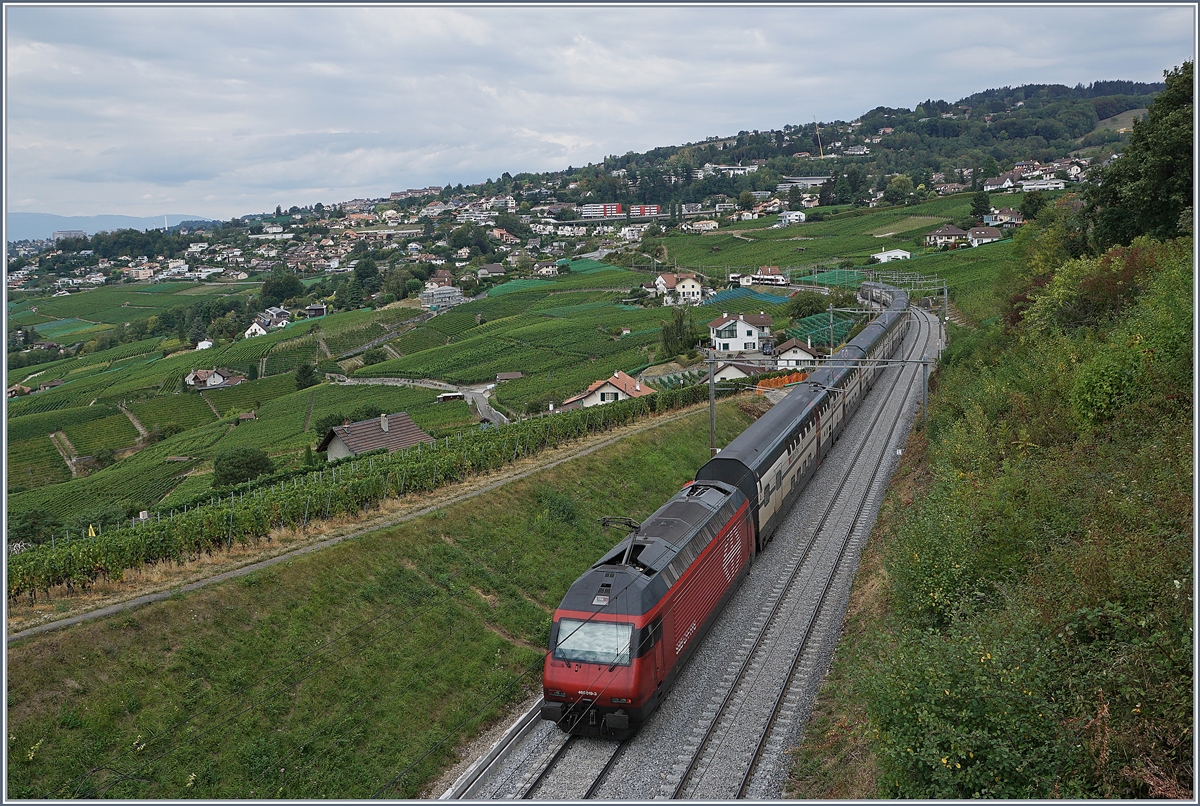 Nach sieben Wochen Bauarbeiten fahren seit Montag wie geplant die Züge wieder zwischen Lausanne und Puidoux-Chexbres - (Bern). Das Bild zeigt die SBB Re 460 019-3 mit dem IC 712 von St.Gallen nach Genève Aéroport kurz vor Bossière, dort wartet der SBB RABe 523 024 als S5 auf die Weiterfahrt nach Palézieux.
 29. August 2018