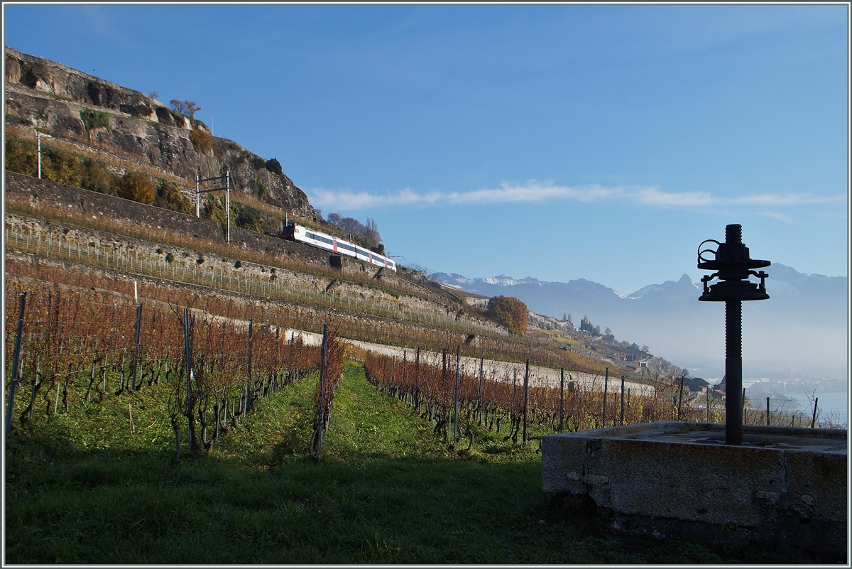 Oberhalb von St-Saphorin zeigt sich ein SBB Domino auf der Fahrt nach Puidoux-Chexbres.
22. Nov. 2014