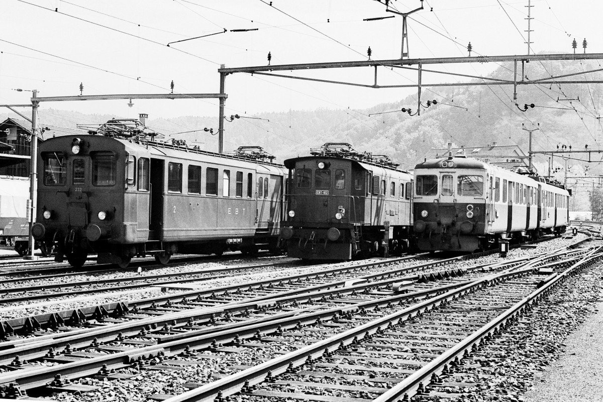 RM/EBT: Im Jahre 1980 warteten in der Abstellanlage Burdorf folgende Fahrzeuge auf ihren n�chsten Einsatz. BDe 2/4 233, Be 4/4 102 sowie BDe 4/4 l mit ABt.
Foto: Walter Ruetsch