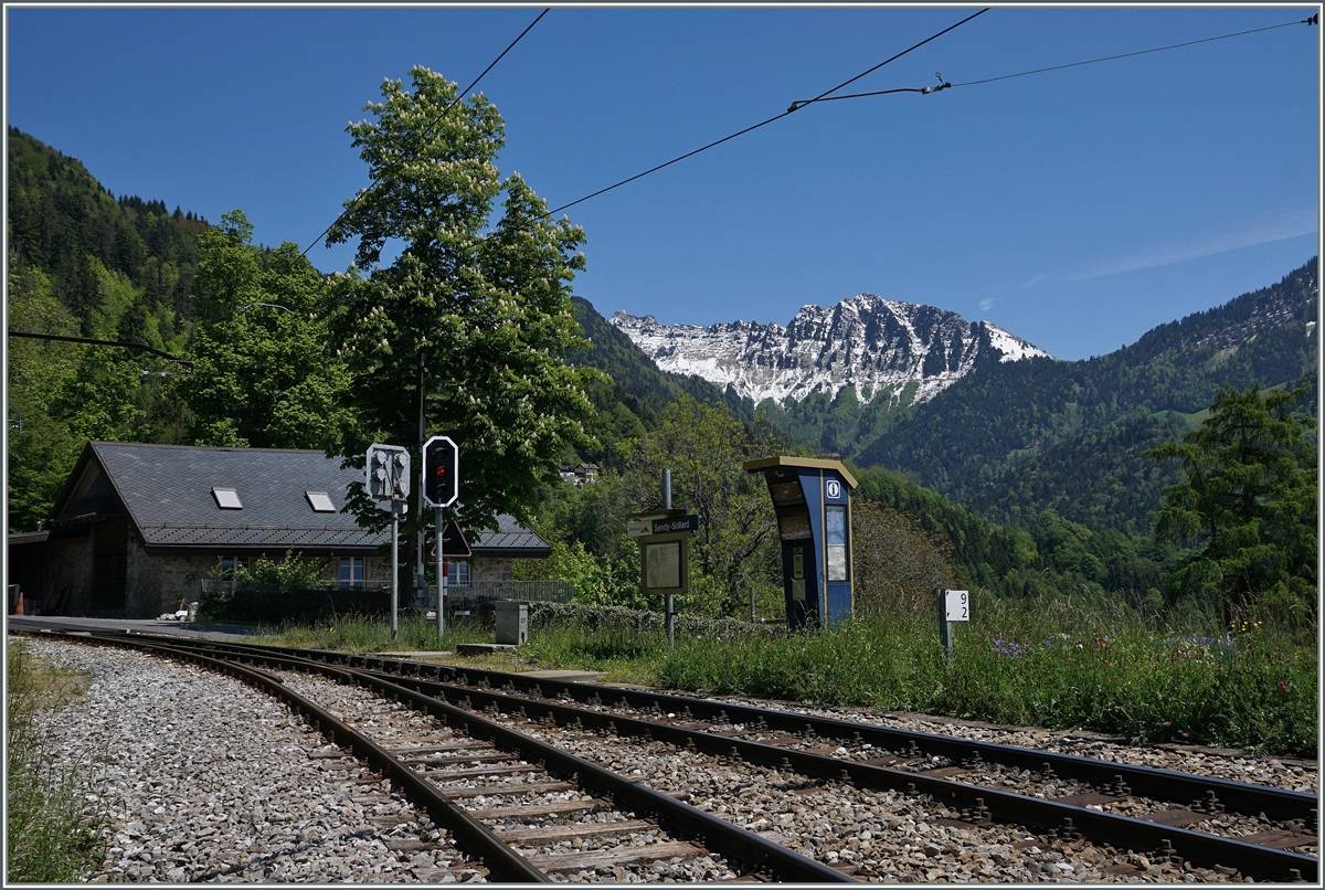 Sendy-Sollard, ein Bahnhof mit Weichen und Signalen aber ohne Bahnsteig, dabei halten hier (auf Verlangen) die zweistündlich verkehrenden Regiaonalzüge Montreux Zweisimmen sowie die Reginalzüge zur Hauptverkehrszeit Montreux - Les Avants.
25. Mai 2016