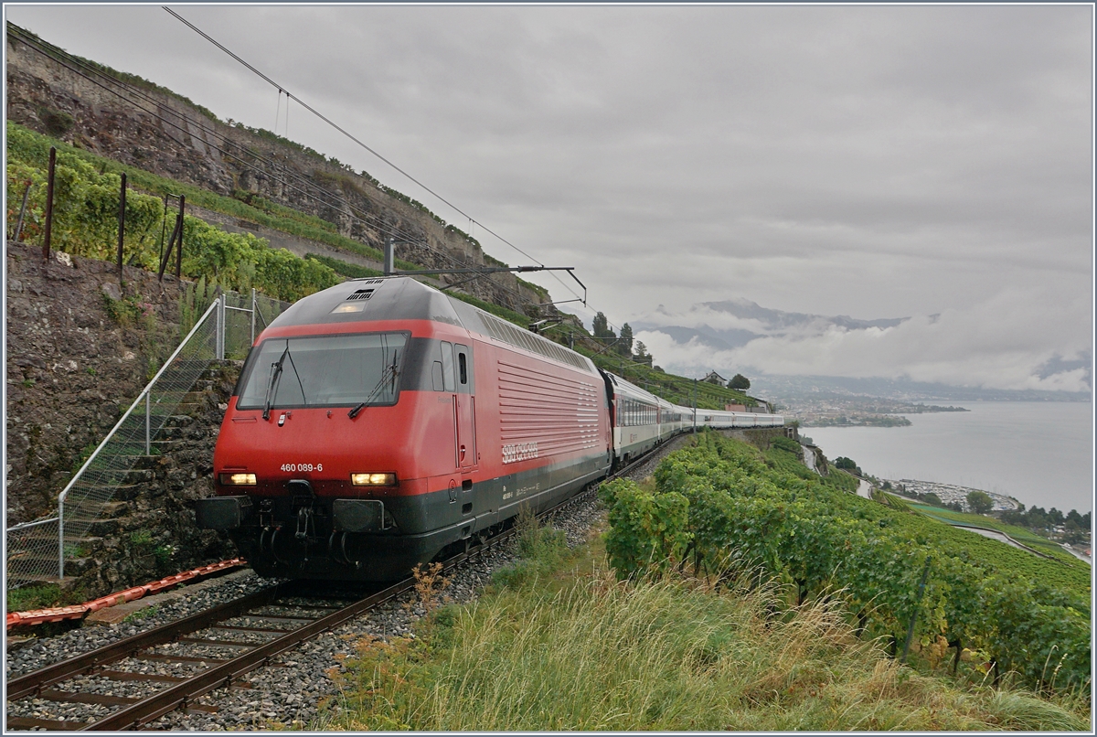 Umleitungsverkehr Vevey - Lausanne via Palézieux: Es läuft wie geschmiert, und das ist gerade das Problem, ein Blick auf die EXIF-Daten zeigt, dass der Zug weit weniger rasch an mir vorbeigleitet, als das Bild glauben machen will. 
Als vor der Eröffnung des LBT hin und wieder Lötschberg-Züge via Chexbres umgeleitet wurden, wurde im Bedarfsfall auf der 40 Promille Strecke Veyey - Puidoux-Chexbres Vorspann geleistet. Erfahrung und Wissen, welches in den letzten dreizehn Jahren scheinbar abhanden gekommen ist und von erneut fähigen Leuten an der Spitze nicht so von heute auf morgen wieder hergezaubert werden kann. 

Die SBB Re 460 089-6 quält sich mit dem RE 30630 zwischen Vevey und Chexbres im übereilten Schritttempo die 40 Promille Steigung hinauf; unfreiwillige Endstation des Zuges: Lavaux.

29. August 2020