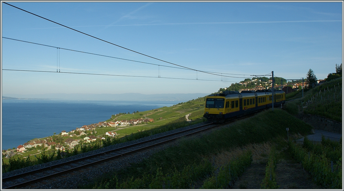 Während der  Train des Vignes  noch im Schatten der Weinberge befindet, belichtet die Sonne schon sehr grosszügig den Genfersee und die Ufer nahen Rebberge und Orte,  wie z. B. Rivaz in der Bildmitte. 
29. Mai 2011
