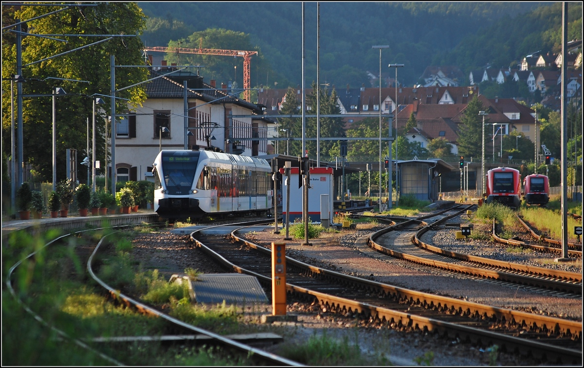 Was einst verband ist heute wieder getrennt. Der Thurbo-GTW steht auf einem Stumpengleis, das nicht mit den Bahnhofsgleisen der Hochrheinbahn in Waldhut verbunden ist. Gleis 1 ist nunmehr in einen östlichen und einen westlichen Teil getrennt. So können sich die Paragrafenreiter in deutschen und Schweizer Behörden austoben, ohne dass der Bahnverkehr beeinträchtigt wird. Eine Lösung mit einem Schuss Bauernschläue...
Waldshut, August 2009.