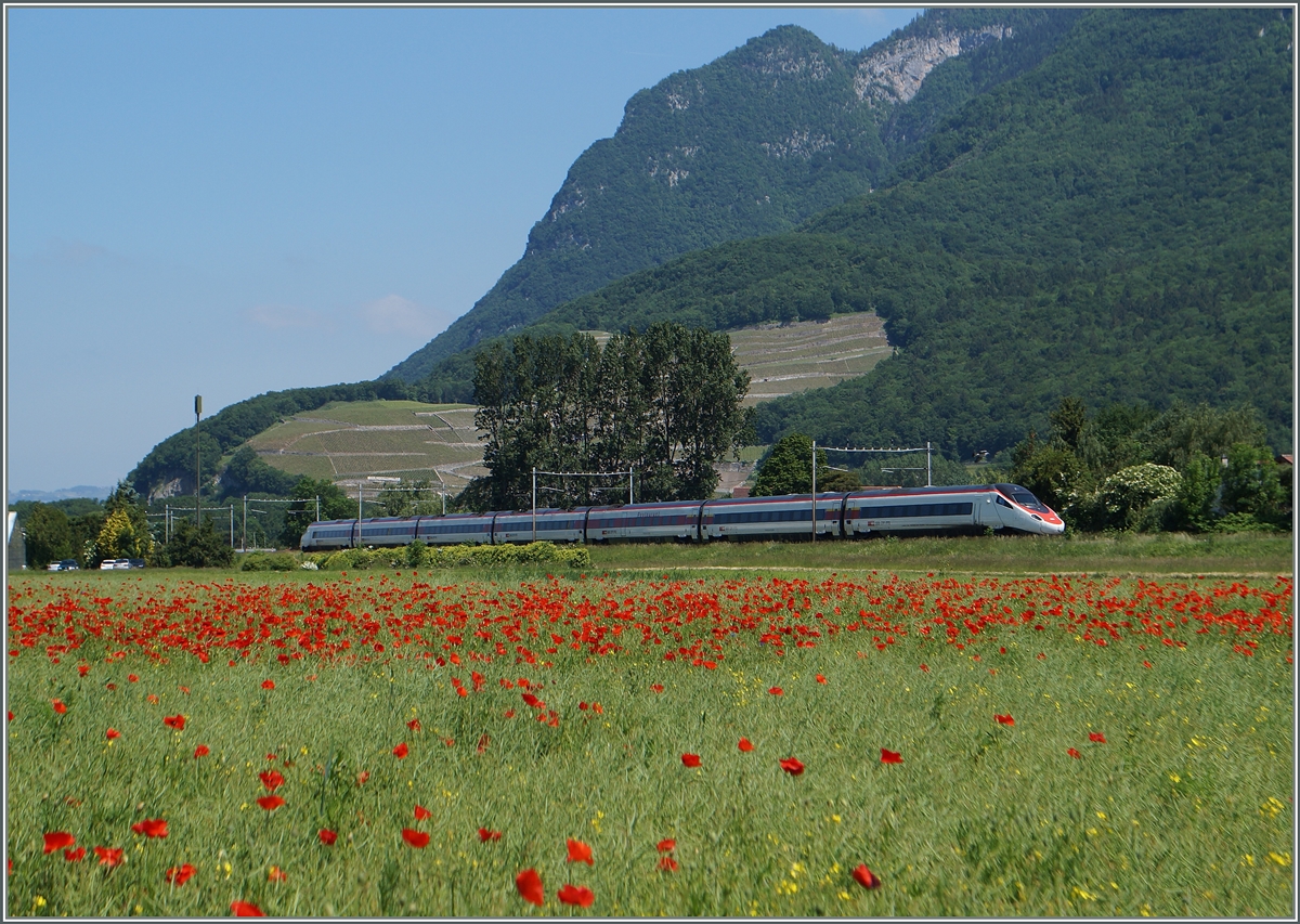 Zwischen Yvorne und Rochers VD fährt eine SBB ETR 610 als EC 32 Richtung Genève. 
27. Mai 2015