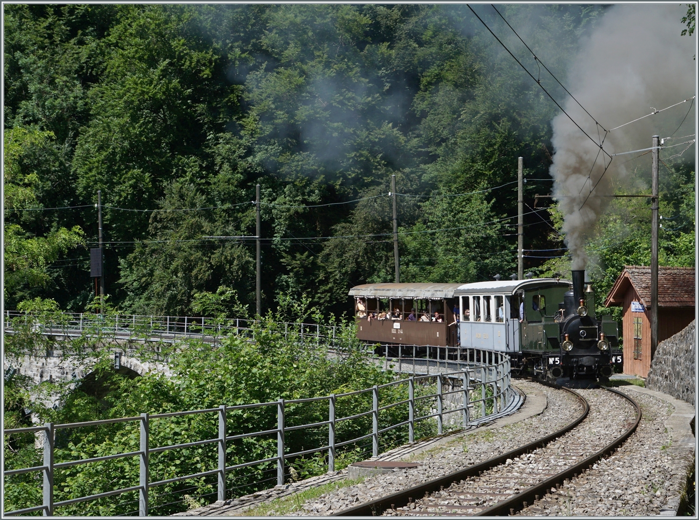 Die LEB G 3/3 N° 5 ist mit ihrem Zug bei Vers-chez-Robert auf dem Weg nach Chamby.

5. Juni 2022