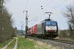 Schweizer Loks tief im Westen: Nach einer Zugkreuzung verlässt die an SBB Cargo vermietete 189 996 am 16.03.2022 das Ausweichgleis im Bahnhof Boisheim und fährt weiter in Richtung Süden 