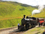 Dampfbahn Furka Bergstrecke: Lok HG 3/4 4 (Baujahr 1913) in der Station Furka, 23.August 2020 