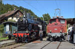 150 Jahre Tösstalbahn.

Kleine Szene vor drei Zügen in Bäretswil Ee 3/3 16363 und Eb 3/5 9 im Bild und dem Gegenzug mit Ed 3/3 401 in Bäretswil. September 2025.