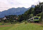 NPZ-Zug mit Triebwagen 722 im Aufstieg von Uetendorf Richtung Seftigen, auf der Gürbetalstrecke.