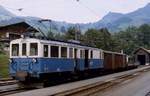 Als Erg�nzung zu den Aufnahmen des De 4/4 28 der MOB von Walter Ruetsch und Stefan Wohlfahrt hier eine Aufnahme des Triebwagens, der damals noch als BDe 4/4 28 unterwegs war, vor einem G�terzug im Juli 1983 in Chateau d'Oex