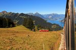 Schynige Platte Bahn: Lok 20 mit den Wagen 45 und 46 im Abstieg oberhalb Breitlauenen, 23.August 2016.