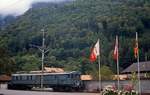 Altbautriebwagen der BLS: Im Juni 1990 ist der De 4/5 796 in B�nigen abgestellt. Der Triebwagen geh�rte zu einer 1929 von der BN (Bern-Neuenburg) beschafften Serie von f�nf Fahrzeugen, die als CFe 4/5 721-725 in Dienst gestellt wurden. Nach einem Umbau wurden sie als Fe 4/5 791-795 bezeichnet.